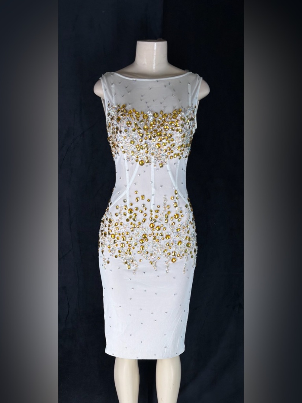 White Midi Sheath Dress with Gold Embellishments